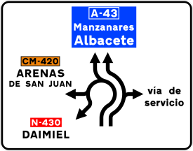 Señal S-203: Preseñalización de glorieta con selección de carriles en función del movimiento a efectuar.