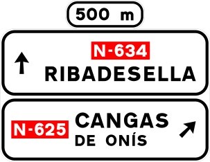 Señal S-220a: Preseñalización, con cartel lateral, en carretera convencional o carretera multicarril hacia carretera convencional o carretera multicarril y dirección propia