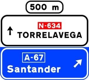 Señal S-222a: Preseñalización, con cartel lateral, en carretera convencional o carretera multicarril hacia autopista o autovía y dirección propia
