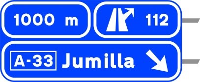 Señal S-235: Preseñalización, con cartel sobre la calzada, en autopista o autovía hacia cualquier tipo de carretera.