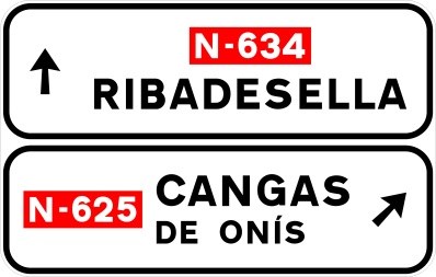 Señal S-348a: Señalización de salida inmediata, con cartel lateral, en carretera convencional o carretera multicarril hacia carretera convencional o carretera multicarril y dirección propia