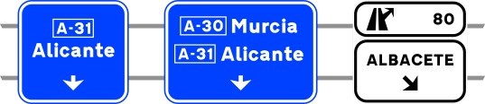 Señal S-373: Señalización de la primera salida inmediata de dos muy próximas, con carteles sobre la calzada, en autopista o autovía hacia carretera convencional o carretera multicarril, destinos de la segunda salida y dirección propia