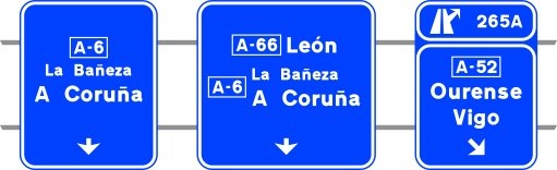 Señal S-375: Señalización de la primera salida inmediata de dos muy próximas, con carteles sobre la calzada, en autopista o autovía hacia autopista o autovía, destinos de la segunda salida y dirección propia