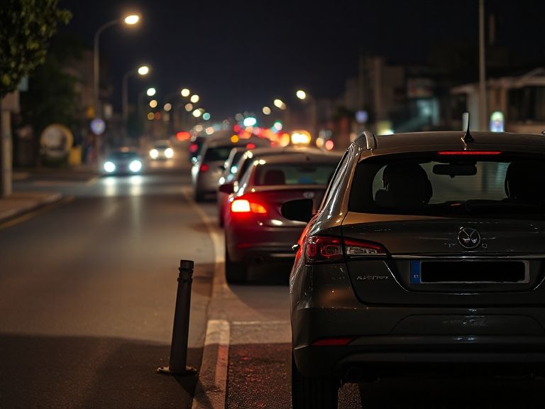Coches estacionados en una travesía de noche