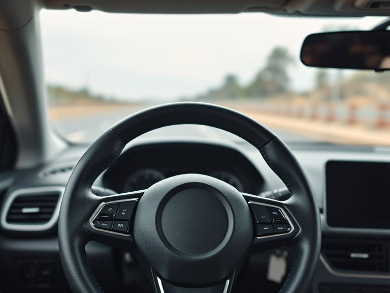 Volante de un turismo con mandos en los radios y pantalla central apagada, con la carretera al fondo