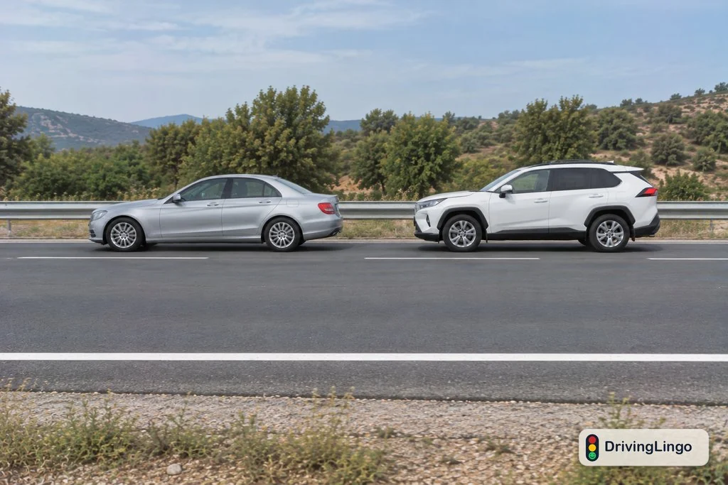 Two passenger cars travelling close together in the same lane
