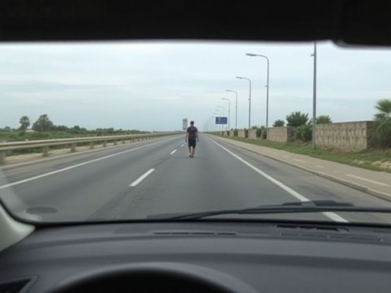 Peatón caminando por la calzada de una carretera abierta