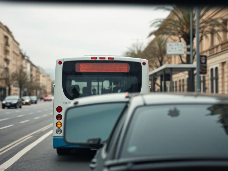 Autobús saliendo de su parada junto a la calzada