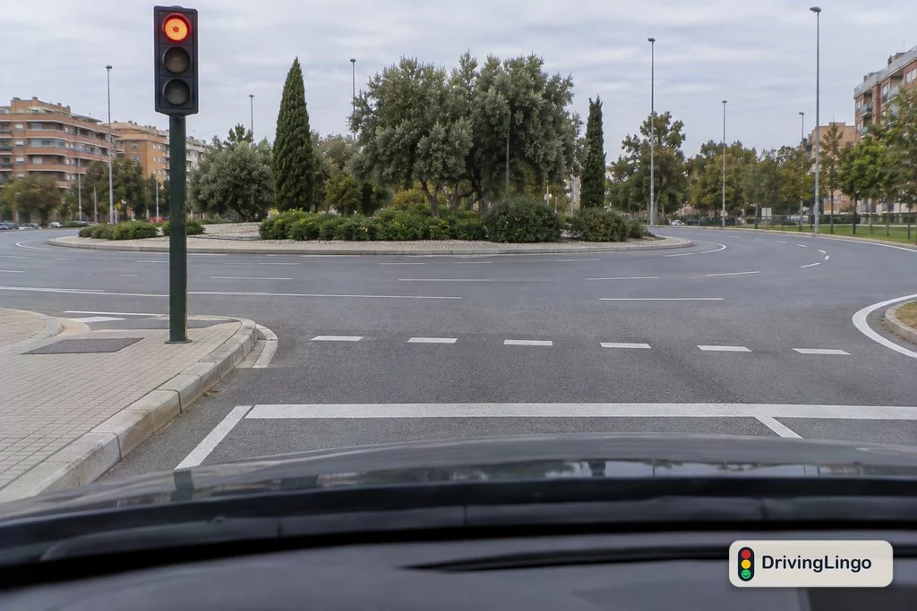 Vista desde un coche detenido ante el semáforo rojo de entrada a una glorieta con varios carriles y el anillo vacío