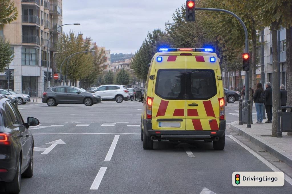 Ambulance with blue lights on stopped at a red light at a city junction