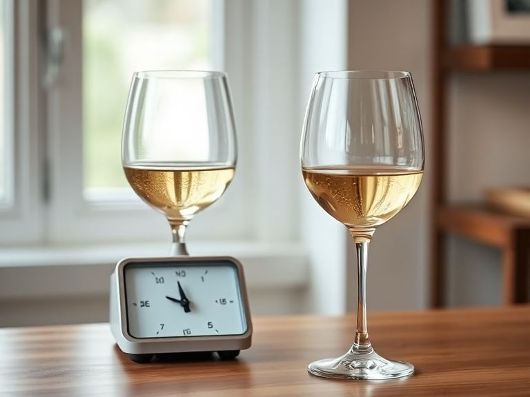 Dos copas de vino y un reloj sobre una mesa