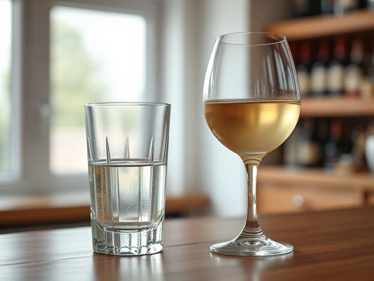 Vaso de licor y copa de vino en una barra