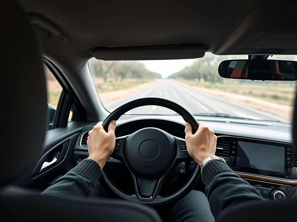 Manos del conductor sobre el volante, vista desde el asiento trasero