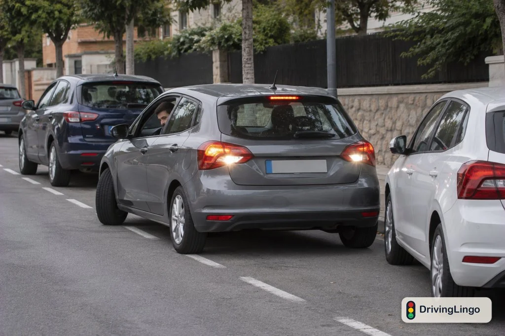 Grey car reversing into a gap between two cars parked at the kerb