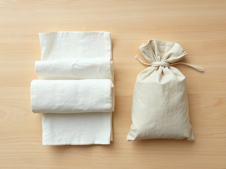 Prendas de ropa dobladas y enrolladas junto a una bolsa de tela con arena sobre una mesa de madera
