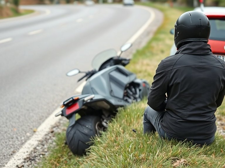 Motorista con el casco puesto, visto por detrás, sentado en la hierba junto a su moto caída al borde de la carretera